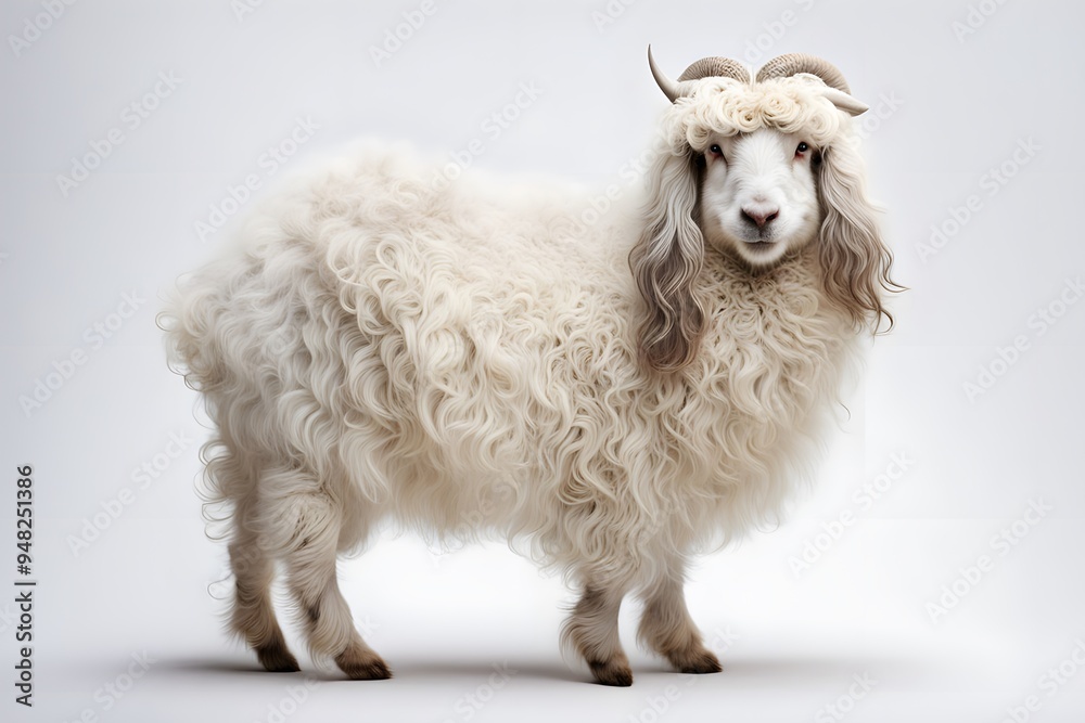 Fototapeta premium A fluffy angora goat with long curly fur standing on a white background, AI Generated