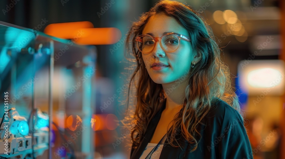 A Young Woman With Long Brown Hair Wearing Glasses In Front of Blue Light