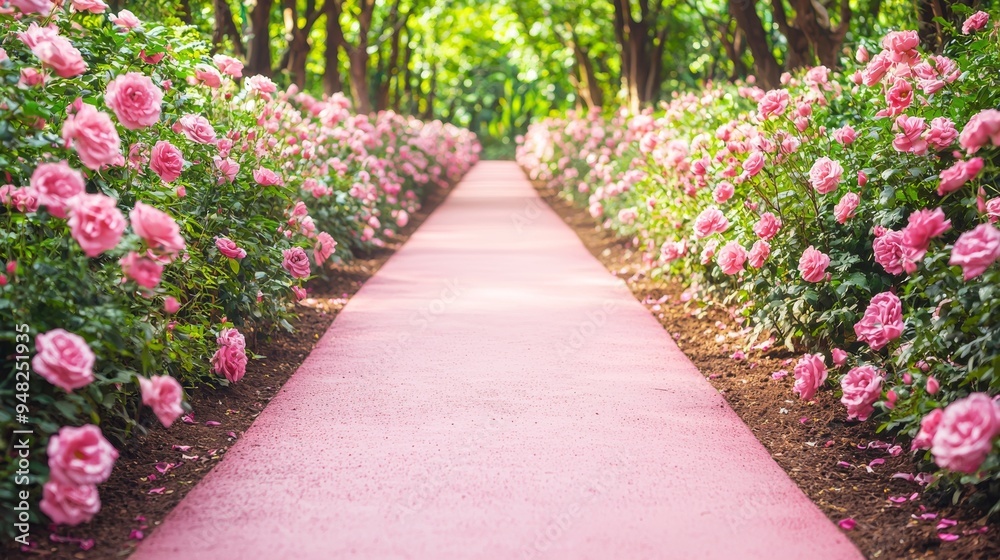 Obraz premium A soft pink walkway in a garden bordered by pink flowers, perfectly blending with the path