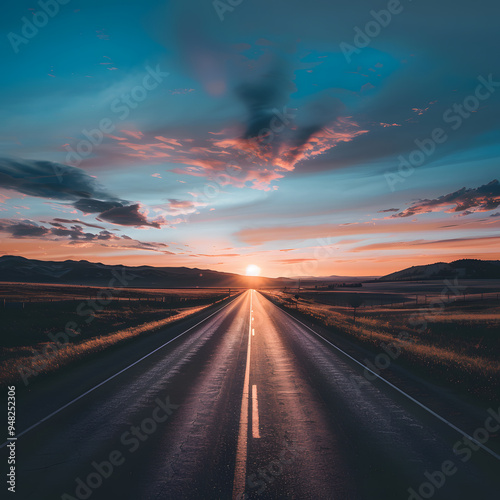 driving on the highway at sunset poster and background