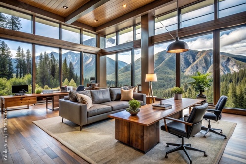 Spacious modern mountain home interior features a combined living room and office space with large windows, wood accents, and sleek furniture amidst a natural backdrop.