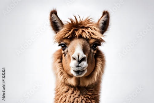 A fluffy brown llama with a friendly expression standing on a white background, AI Generated photo