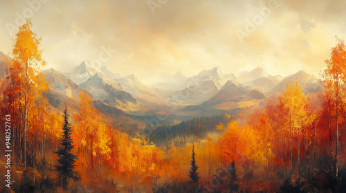 Golden autumn landscape with distant snow-capped mountains and vibrant trees in the foreground, painted in a soft impressionistic style
