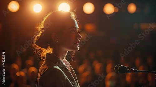 Woman Speaking into a Microphone on Stage photo