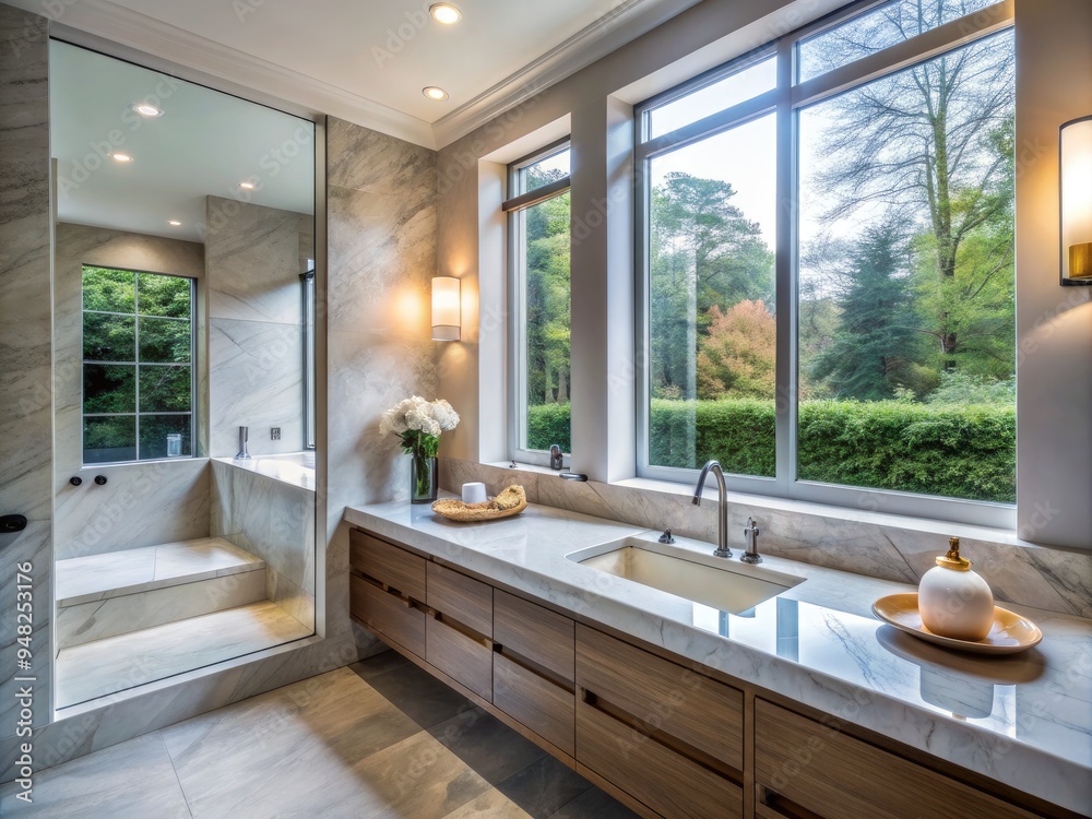Sleek modern bathroom features a minimalist sink, marble countertop, and a large window allowing natural light to illuminate the spacious and serene atmosphere. Sleek modern bathroom features a minimalist sink, marble countertop, and a large window allowing natural light to illuminate the spacious and serene atmosphere.