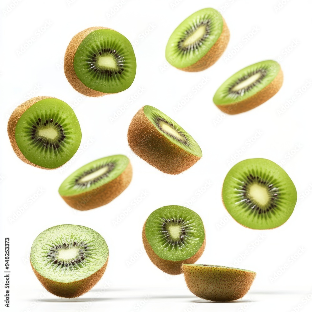Falling kiwi fruit isolated on white background Falling kiwi fruit isolated on white background