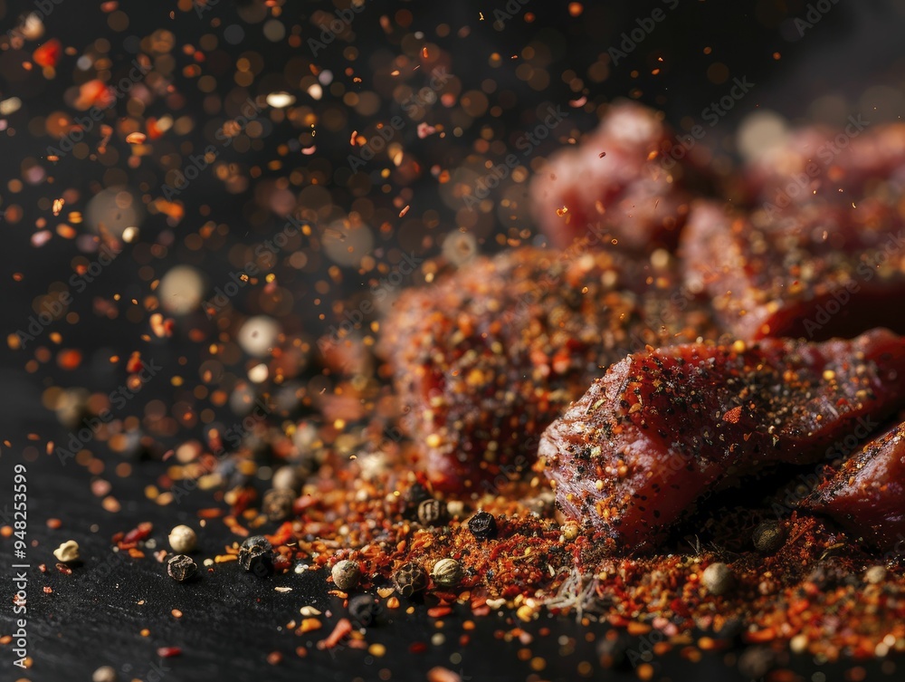 Seasoning smoked meat with various spices, capturing the process and the rich colors and textures of the spices and meat. Seasoning smoked meat with various spices, capturing the process and the rich colors and textures of the spices and meat.