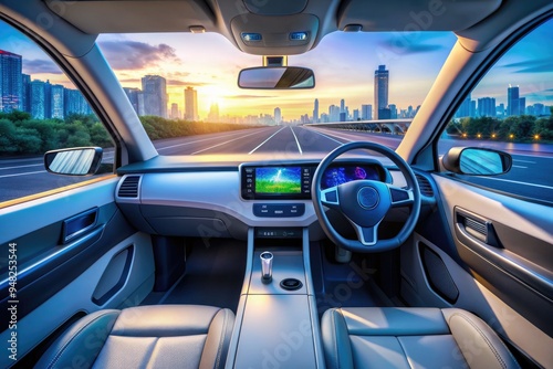 Futuristic self-driving vehicle's sleek dashboard features a high-tech digital speedometer display, showcasing advanced autonomous driving innovations and precision navigation systems. photo