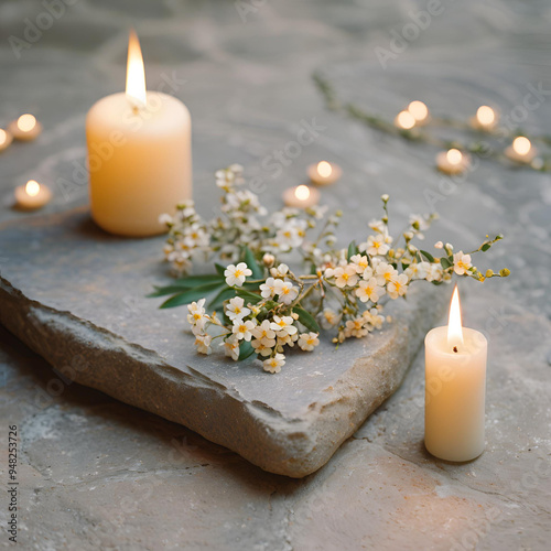 Decoração com velas e flores. photo