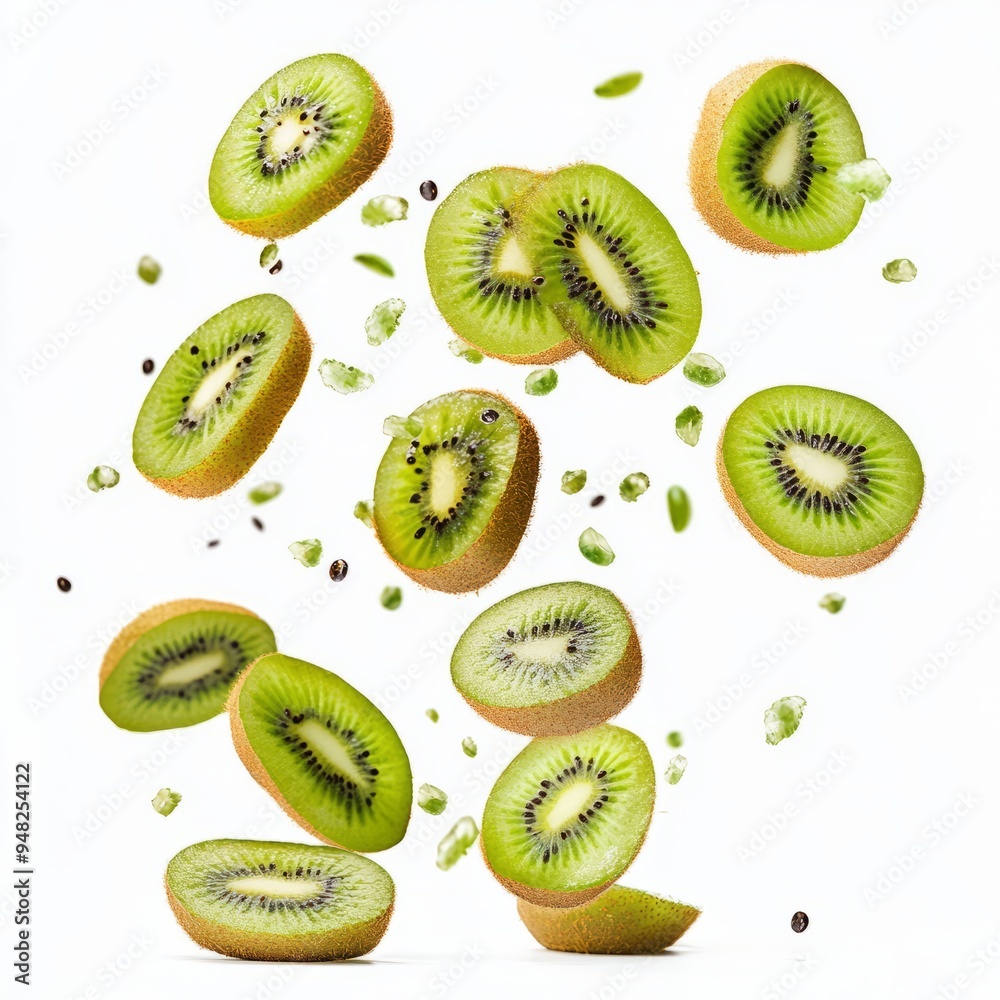 Falling kiwi fruit isolated on white background Falling kiwi fruit isolated on white background