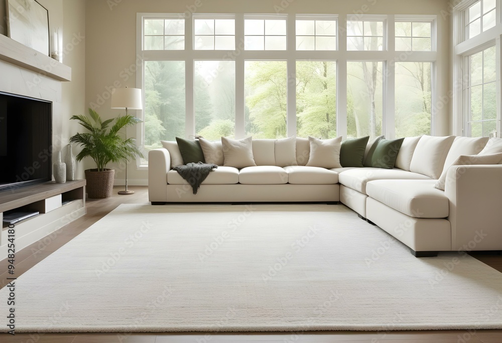Fototapeta premium A large, comfortable sectional sofa in a bright, airy living room with large windows overlooking a lush, green outdoor scene.