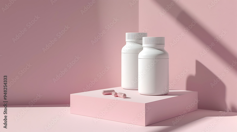 Two white bottles with pink capsules on a pink platform. Minimalist product display with soft lighting. Two white bottles with pink capsules on a pink platform. Minimalist product display with soft lighting.