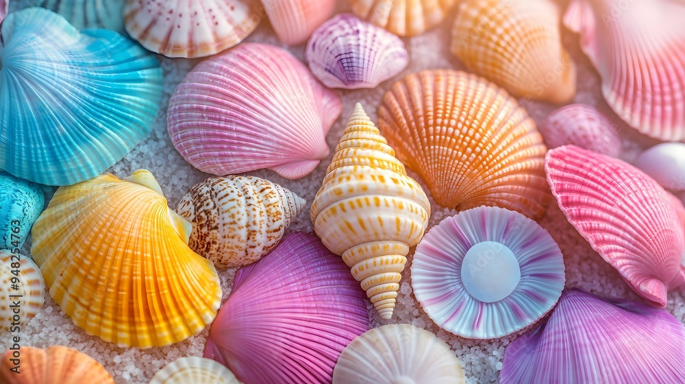Vibrant collection of colorful seashells and starfish, bright pastel hues, rainbow assortment of scallops, conches, and sand dollars, soft iridescent textures, beach theme. Vibrant collection of colorful seashells and starfish, bright pastel hues, rainbow assortment of scallops, conches, and sand dollars, soft iridescent textures, beach theme.