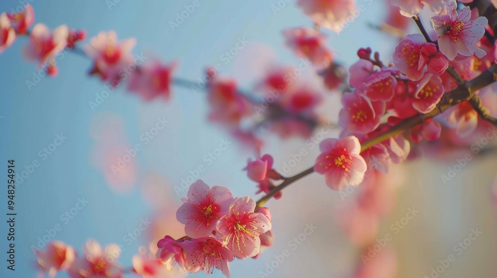 Close-up of pink cherry blossoms blooming on branches against a clear blue sky, symbolizing the beauty of springtime. Close-up of pink cherry blossoms blooming on branches against a clear blue sky, symbolizing the beauty of springtime.