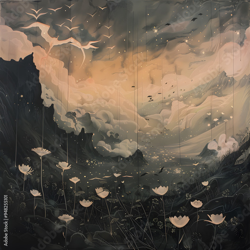 dark landscape illustration with clouds