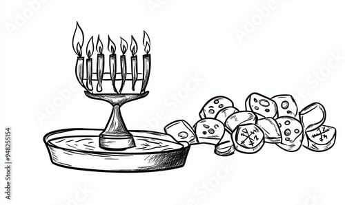 Hand drawn black and white illustration of a menorah with seven candles lit and a pile of potatoes on a tray. photo