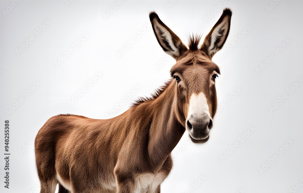 A friendly brown donkey with large ears standing on a white background, AI generated A friendly brown donkey with large ears standing on a white background, AI generated