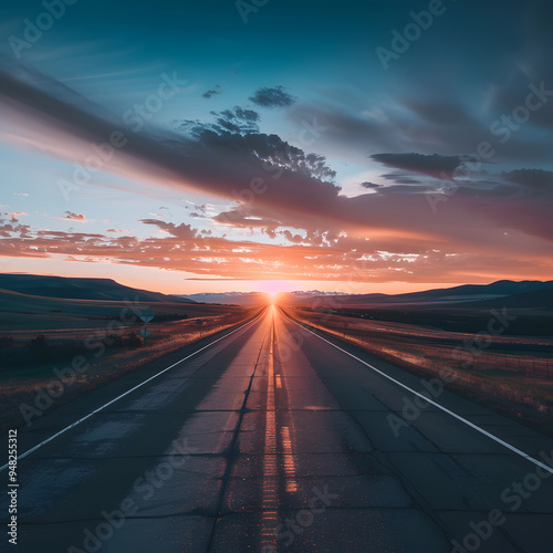 driving on the highway at sunset poster and background