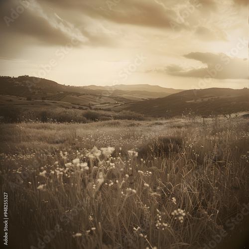 deserted land landscape vintage poster, sepia filter