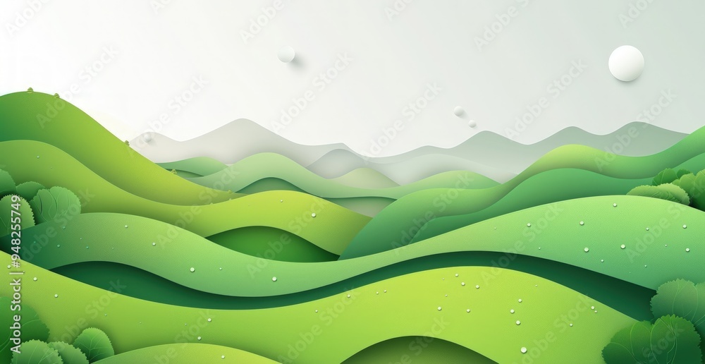 Obraz premium Paper Art Landscape with Lush Green Hills and White Clouds