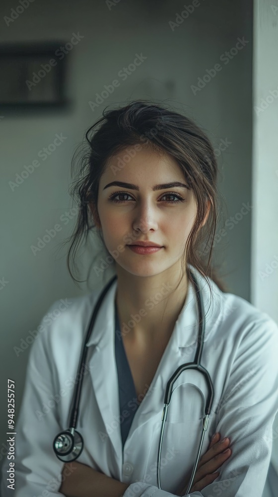 A doctor in a white coat with a stethoscope around the neck, compassionate expression