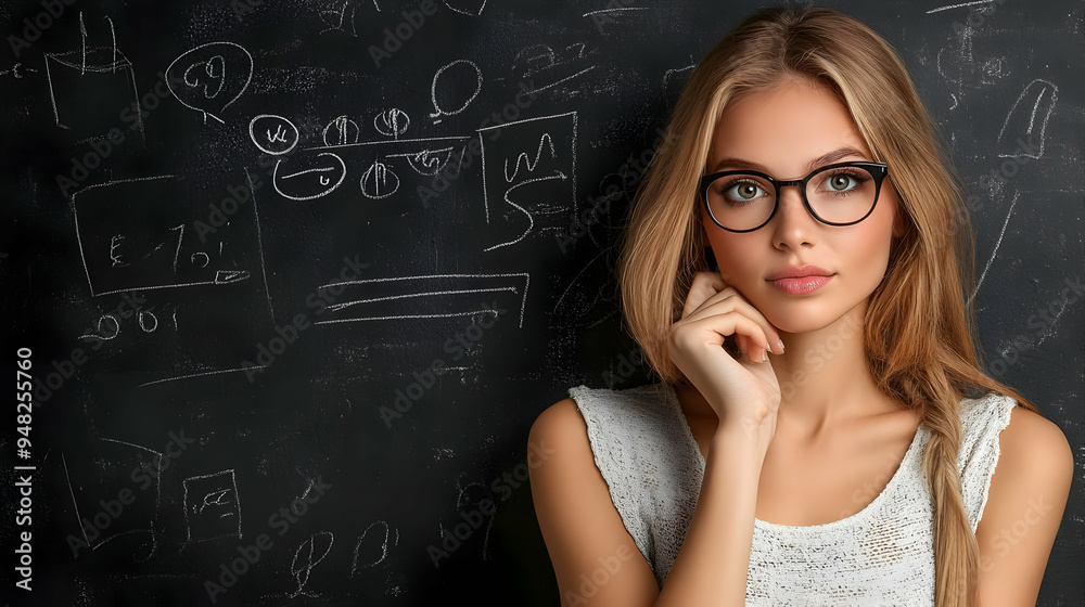 Thoughtful Woman with Glasses on Blackboard Background