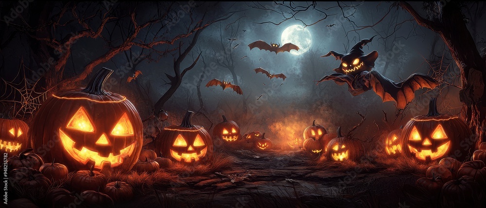 Neon-lit Halloween scene with glowing jack-o'-lanterns and eerie, otherworldly creatures, Halloween NeonGlow-in-the-Dark, Bright and spooky Neon-lit Halloween scene with glowing jack-o'-lanterns and eerie, otherworldly creatures, Halloween NeonGlow-in-the-Dark, Bright and spooky
