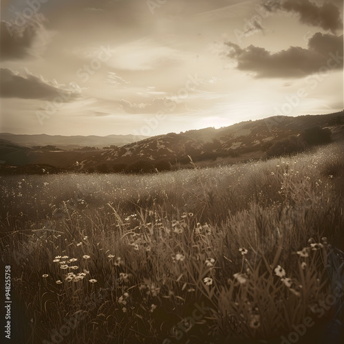 deserted land landscape vintage poster, sepia filter