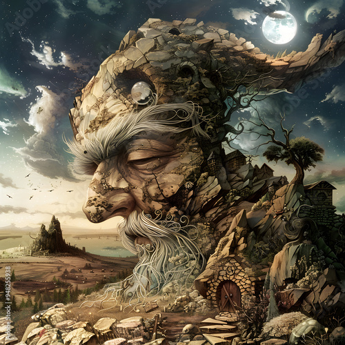 bust of grandfather with white beard, abstract landscape in background