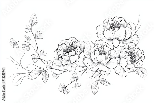 Hand-drawn illustration of delicate black and white peonies with leaves on a white background.