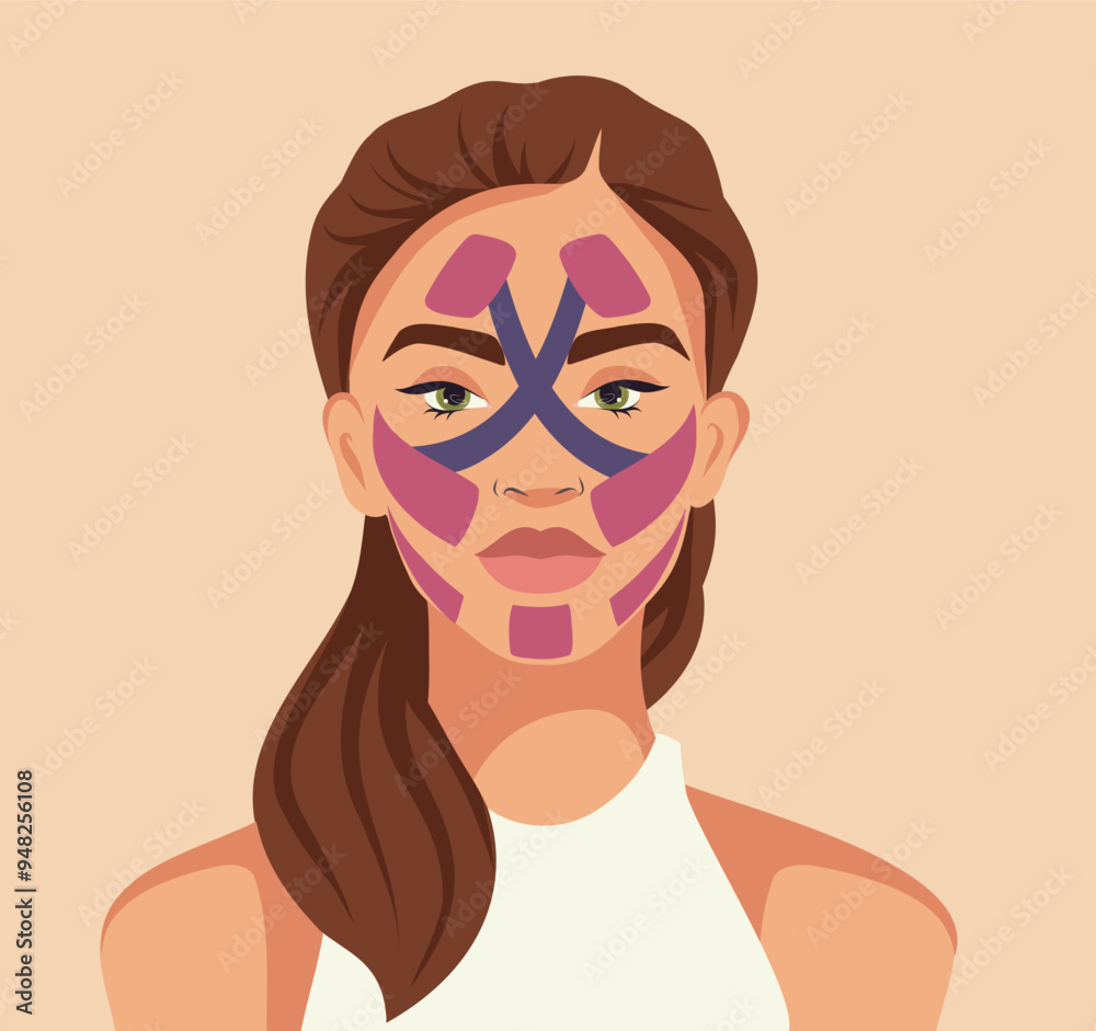 Woman with tapes on her face. Kinesiology technique scheme. Facelift. Vector template for advertising, website, banner, posters Woman with tapes on her face. Kinesiology technique scheme. Facelift. Vector template for advertising, website, banner, posters