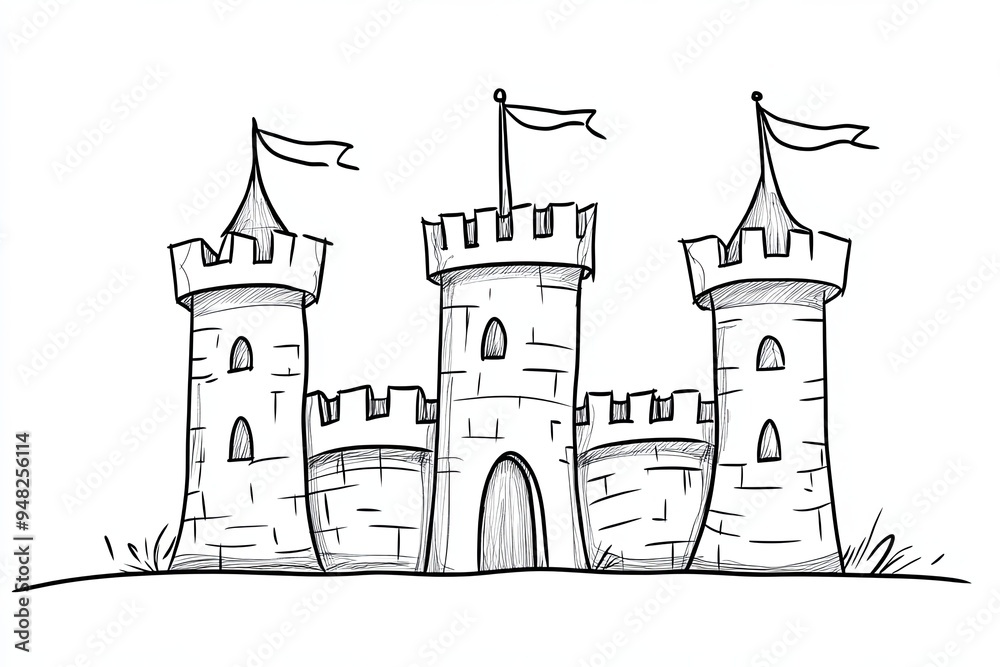 Obraz premium Hand-drawn cartoon illustration of a medieval castle with three towers, a drawbridge, and flags.