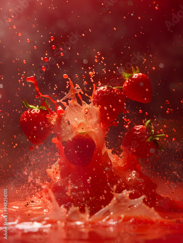strawberry flavored drink image, a splashy mixture of strawberries, milk and water