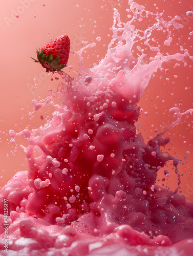 strawberry flavored drink image, a splashy mixture of strawberries, milk and water
