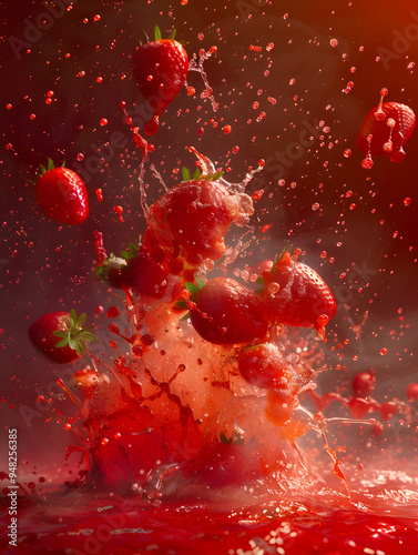 strawberry flavored drink image, a splashy mixture of strawberries, milk and water