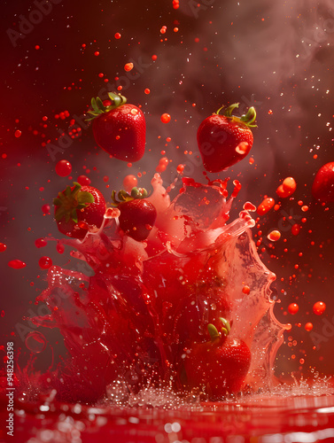 strawberry flavored drink image, a splashy mixture of strawberries, milk and water