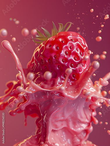 strawberry flavored drink image, a splashy mixture of strawberries, milk and water