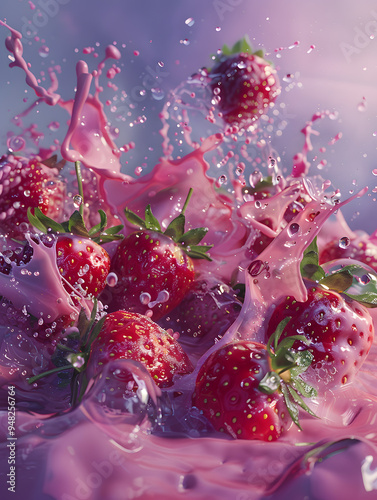 strawberry flavored drink image, a splashy mixture of strawberries, milk and water