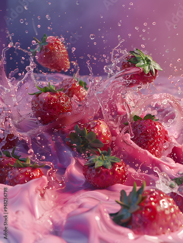 strawberry flavored drink image, a splashy mixture of strawberries, milk and water