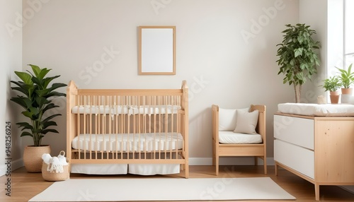 A wooden baby crib with a neutral-colored mattress and bedding, two empty wooden frames on the wall, and a potted plant in the background.