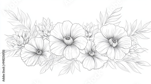 Wallpaper Mural A hand-drawn illustration of a floral arrangement with five flowers, including three large blooms, two smaller flowers, and foliage.  The flowers are in black outline on a white background. Torontodigital.ca