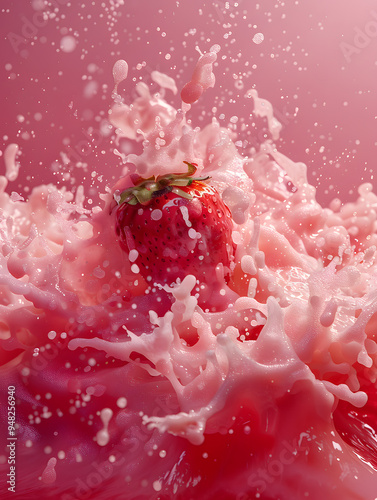 strawberry flavored drink image, a splashy mixture of strawberries, milk and water
