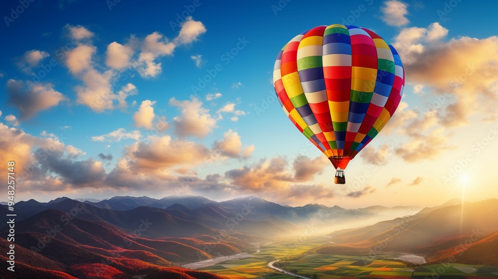 Obraz premium Colorful hot air balloon gracefully floats amidst the clouds.