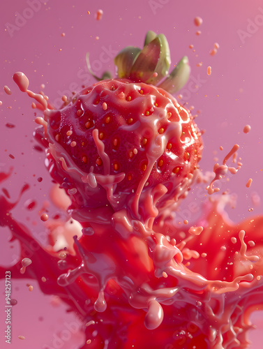 strawberry flavored drink image, a splashy mixture of strawberries, milk and water