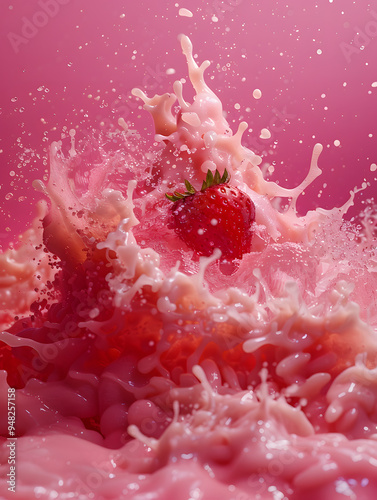 strawberry flavored drink image, a splashy mixture of strawberries, milk and water