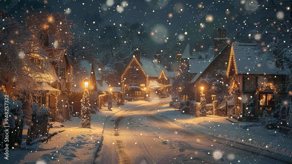 This serene winter scene depicts a quaint village with charming cottages decorated with Christmas lights, snow gently falling, and smoke rising from chimneys, framed by snow-covered mountains.
This serene winter scene depicts a quaint village with charming cottages decorated with Christmas lights, snow gently falling, and smoke rising from chimneys, framed by snow-covered mountains.