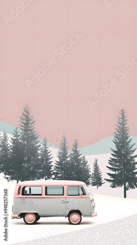 minivan on the snow, forest in the background, soft colors vintage poster