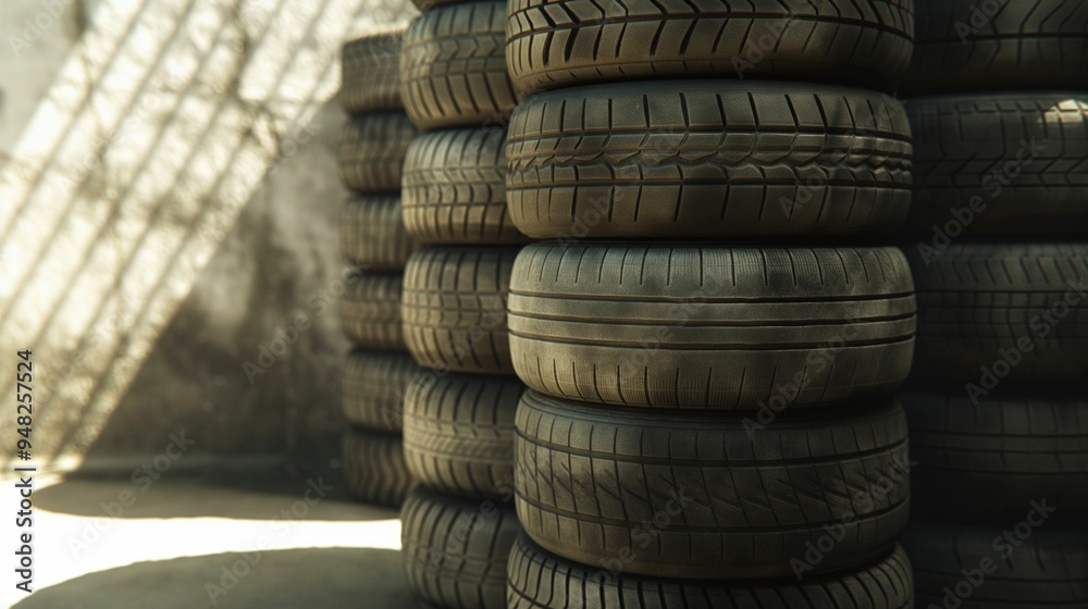 Stack of tires arranged in a neat pile. Stack of tires arranged in a neat pile.