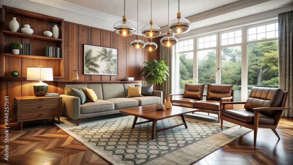 Stylish mid-century modern living room with sleek walnut furniture, geometric patterned rug, and ornate metal lighting fixtures, evoking nostalgic 20th-century retro charm and sophistication. Stylish mid-century modern living room with sleek walnut furniture, geometric patterned rug, and ornate metal lighting fixtures, evoking nostalgic 20th-century retro charm and sophistication.