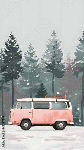 minivan on the snow, forest in the background, soft colors vintage poster